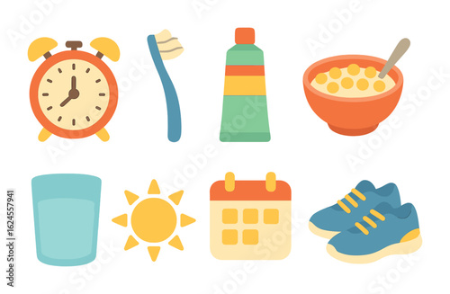 Morning Routine Essentials. Flat vector mini-illustrations morning routine essentials in colors children's