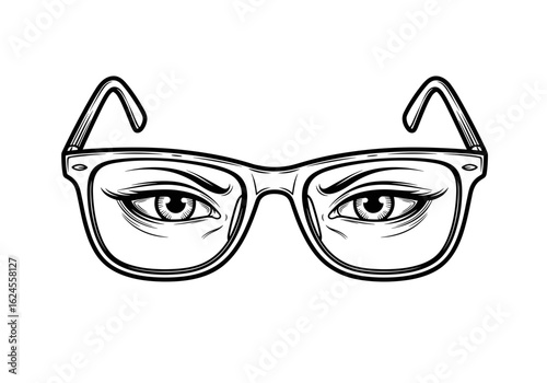 Stylized illustration of eyes behind clear glasses for fashion and vision enhancement concept