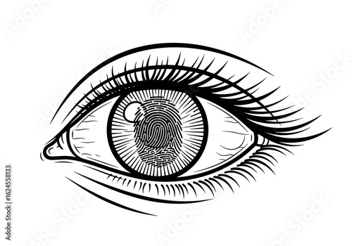 Intricate illustration of eye with detailed fingerprint and circle for identity and uniqueness concept
