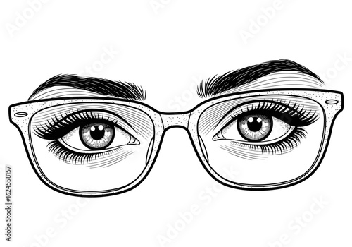 Stylized illustration of eyes behind clear glasses for fashion and vision improvement concept