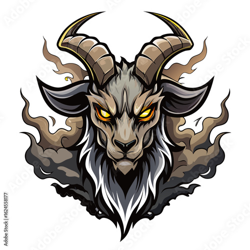 Menacing Mountain Goat with Glowing Eye Emerging from Smoke in Edgy Vector Design