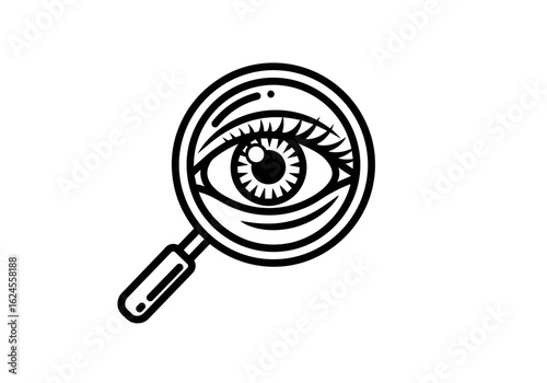 Illustration of eye magnified by magnifying glass for investigation and inspection concept