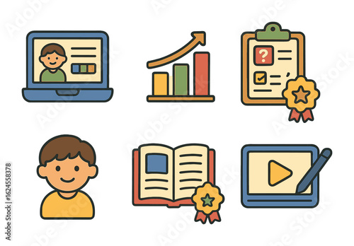 Children's Learning Icons. Flat vector mini-illustrations personalized learning platforms in colors children's