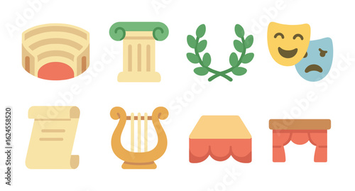 Greek Theater Icons. Flat vector mini-illustrations Greek mask theater in colors children's illustrations:
