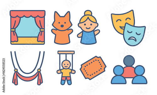 Playful Puppet Parade. Flat vector mini-illustrations puppet and mask theater in colors children's