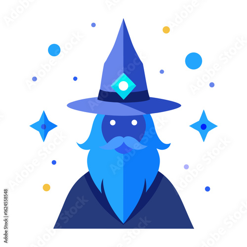 Mystic Wizard with Hat, Glowing Eyes, and Runes in Clean Layered Vector Style