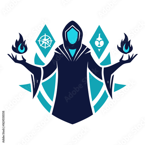 Spell-Casting Mage with Spiral Runes in Sharp Fantasy Esport Vector Badge