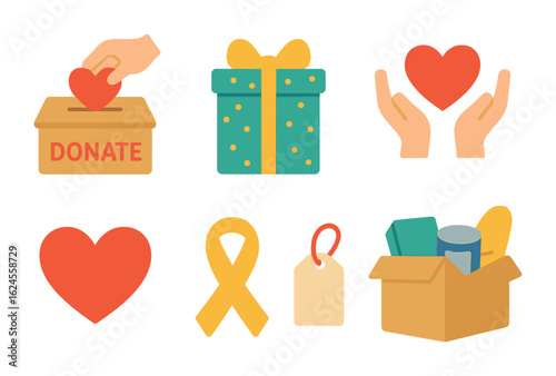 Charity Donation Icons. Flat vector mini-illustrations Charity gift donations in colors children's