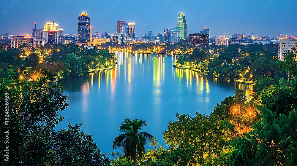 Naklejka premium Nighttime Cityscape Reflecting on Serene Lake