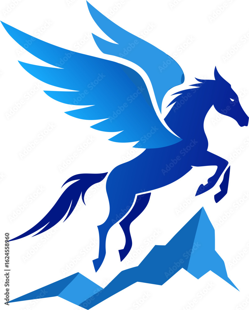 Fototapeta premium Glowing Pegasus Leaping Over Mountain Silhouette in High-Energy Blue Vector Style