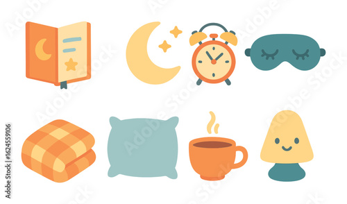 Children's Sleep Essentials. Flat vector mini-illustrations Healthy sleep habits in colors children's