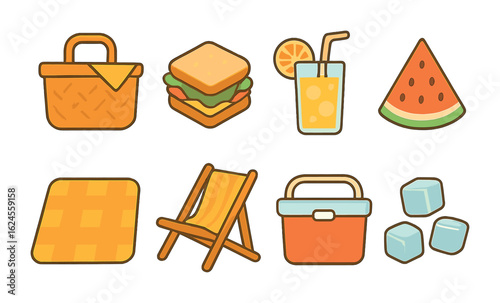 Seaside Picnic Icons. Flat vector mini-illustrations Summer seaside picnic in colors children's illustrations: