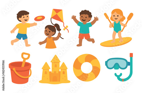 Kids Beach Games. Flat vector mini-illustrations Kids beach games in colors children's illustrations: frisbee,
