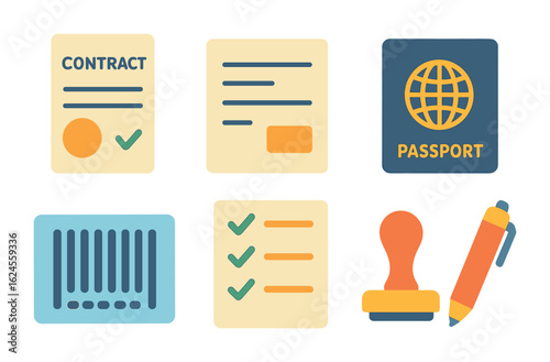 Colorful Trade Documents. Flat vector mini-illustrations Trade documents in colors children's illustrations:
