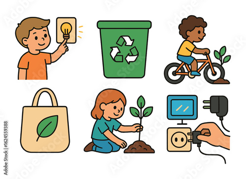 Children's Energy Icons. Flat vector mini-illustrations Energy conservation habits in colors children's