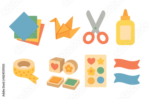 Children's Craft Supplies. Flat vector mini-illustrations Paper crafting supplies in colors children's