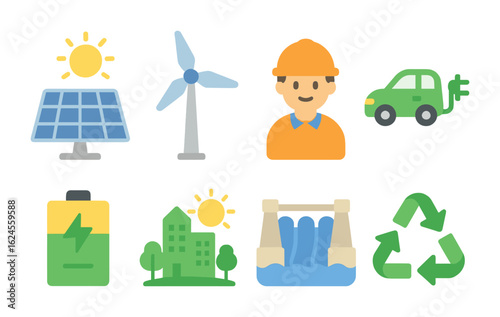 Renewable Energy Icons. Flat vector mini-illustrations Career opportunities in the renewable energy sector in