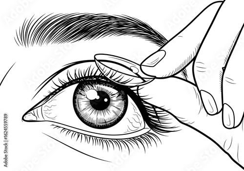 Close-up illustration of hand placing contact lens onto eye for vision enhancement concept