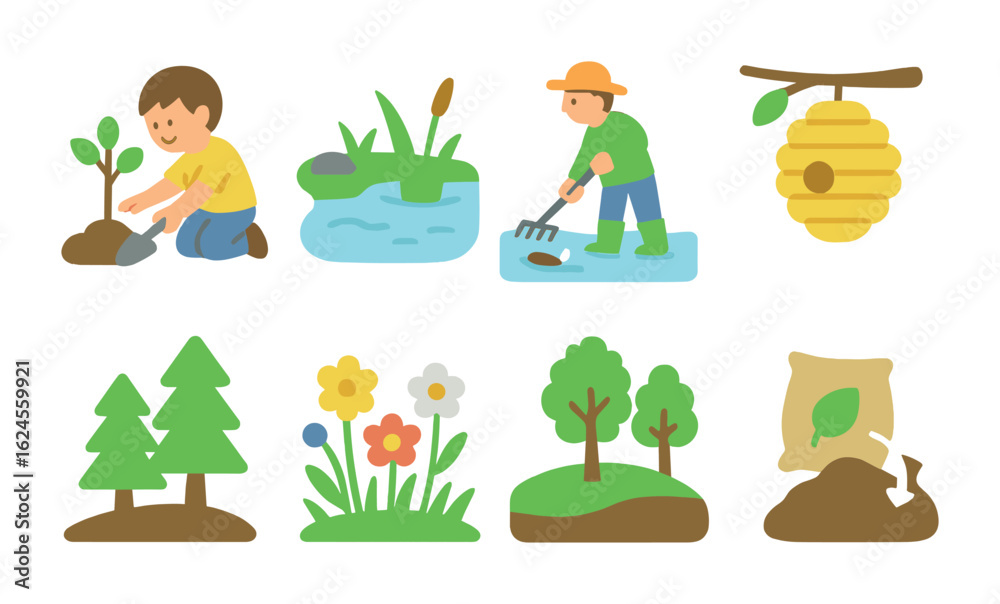 Fototapeta premium Habitat Restoration Icons. Flat vector mini-illustrations habitat restoration in colors children's