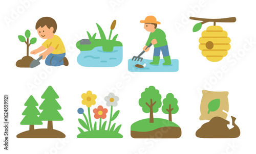 Habitat Restoration Icons. Flat vector mini-illustrations habitat restoration in colors children's