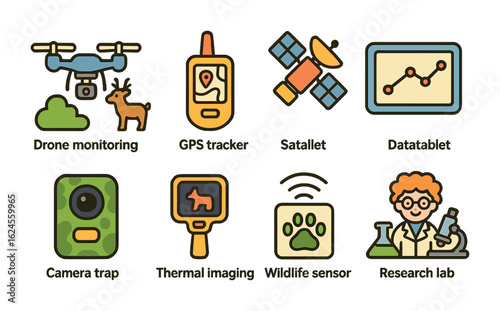 Conservation Tech Icons. Flat vector mini-illustrations conservation technology in colors children's