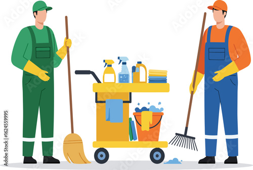 Two professional cleaners in uniform standing with cleaning cart and tools isolated on transparent background