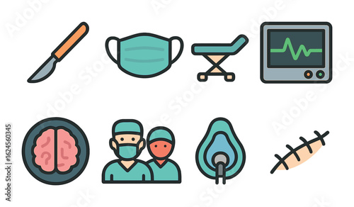 Children's Brain Surgery Icons. Flat vector mini-illustrations Brain surgery and medical intervention in