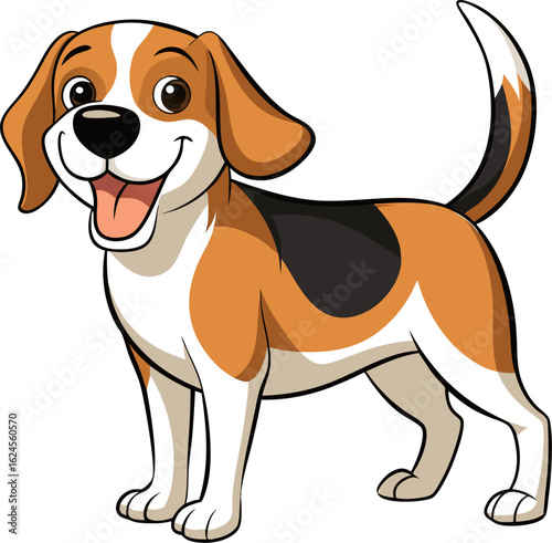 Happy Beagle dog wagging its tail, with a tri-color coat (brown, white, and black), mouth open in a joyful expression, white background.
