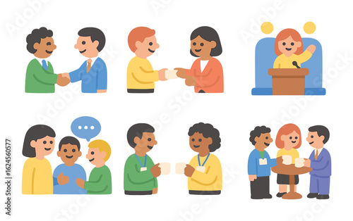 Corporate Networking Icons. Flat vector mini-illustrations People networking at corporate events in colors