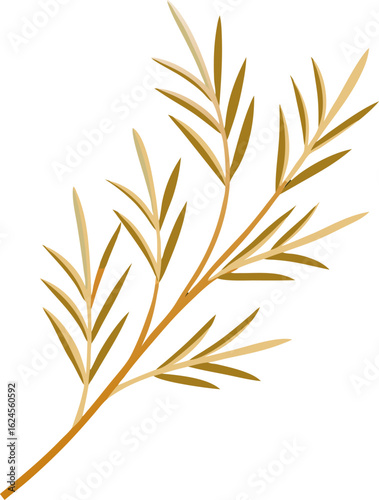 Minimal wild rosemary branches with thin gold stems and olive green needle leaves in an elegant Japanese brushwork-inspired repeat.