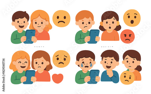 Emoji Friendship Grid. Flat vector mini-illustrations Social media effects on friendship emotions in colors