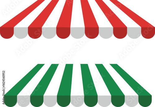 Two striped awnings one red and white the other green and white isolated on transparent background