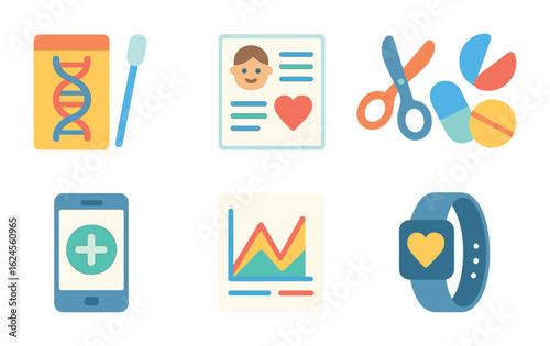 Personalized Medicine Icons. Flat vector mini-illustrations Personalized medicine in colors children's