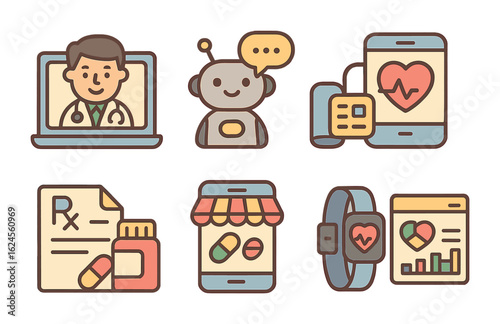 Telehealth Icons for Kids. Flat vector mini-illustrations Telehealth services in colors children's