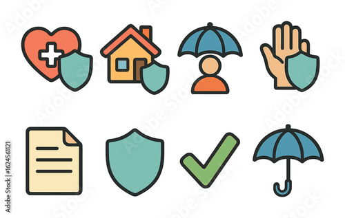 Colorful Insurance Icons. Flat vector mini-illustrations Insurance types for investors in colors children's