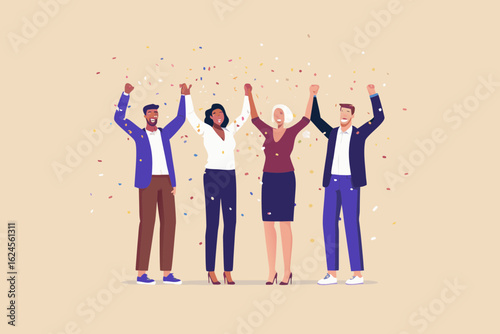 Diverse group of four business professionals celebrating success with confetti falling around them