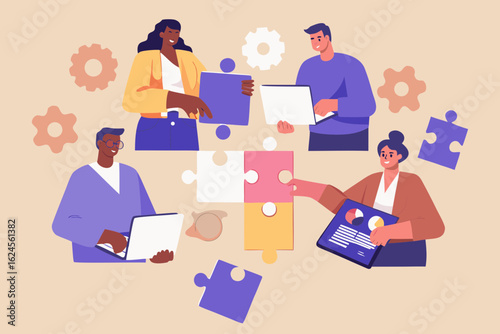 Diverse team collaborating on a complex project by assembling puzzle pieces and using technology