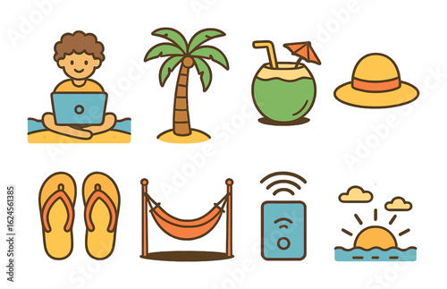 Tropical Freelance Icons. Flat vector mini-illustrations freelancer working from a tropical location in colors