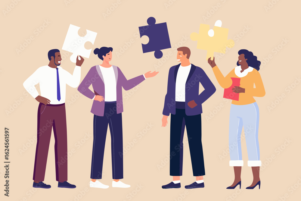 Diverse team of professionals collaborating and solving problems with puzzle pieces Diverse team of professionals collaborating and solving problems with puzzle pieces