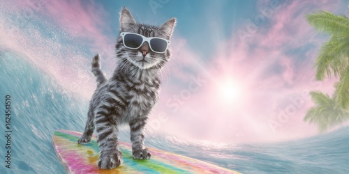Grey tabby cat surfing in style with sunglasses under sunny sky