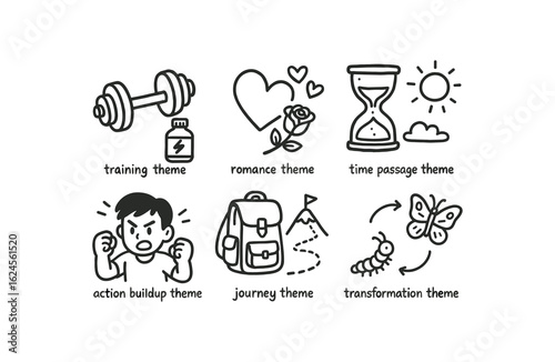 hand drawn cute doodle style line isolated on white background cinematic montage (themes): training romance time passage action buildup journey transformation
