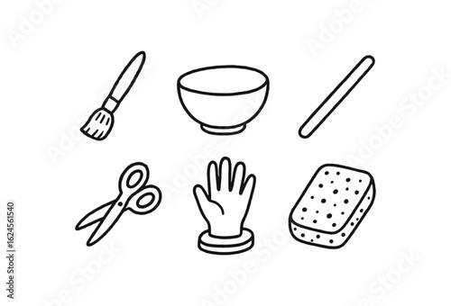 hand drawn cute doodle style line isolated on white background papier mache (tools): brush bowl mixing stick scissors hand mold sponge