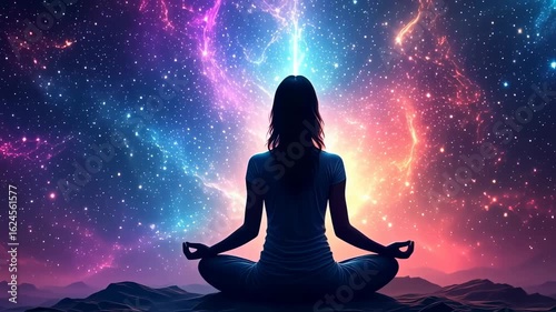 Cosmic Meditation: Silhouette in Lotus Pose Against a Vibrant Galaxy Backdrop