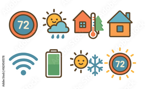 Child-Friendly Thermostat Icons. Flat vector mini-illustrations smart thermostat user interface in colors