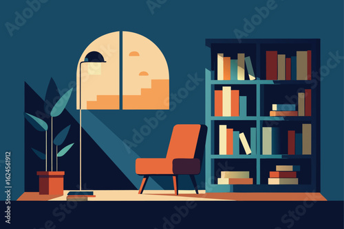 vector of cozy reading corner with bookshelves  .eps