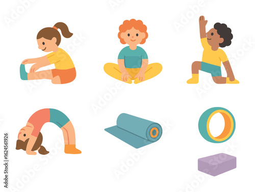 Child Yoga Icons. Flat vector mini-illustrations Flexibility and mobility in colors children's illustrations: