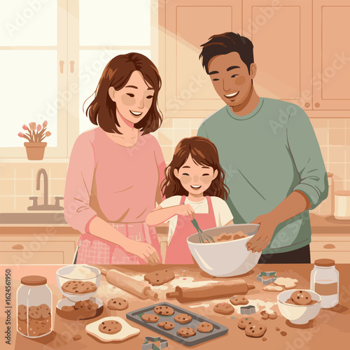 A happy family baking cookies together in a cozy kitchen.
