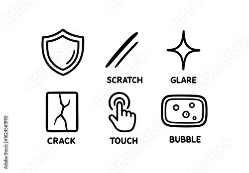 hand drawn cute doodle style line isolated on white background screen protector (symbols): shield icon scratch line glare icon crack bar touch icon bubble layer