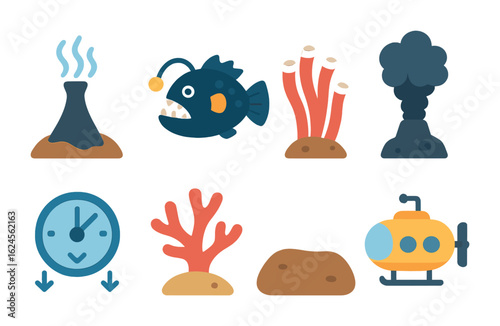 Undersea Adventure Icons. Flat vector mini-illustrations Underground hot vents biomes in colors children's