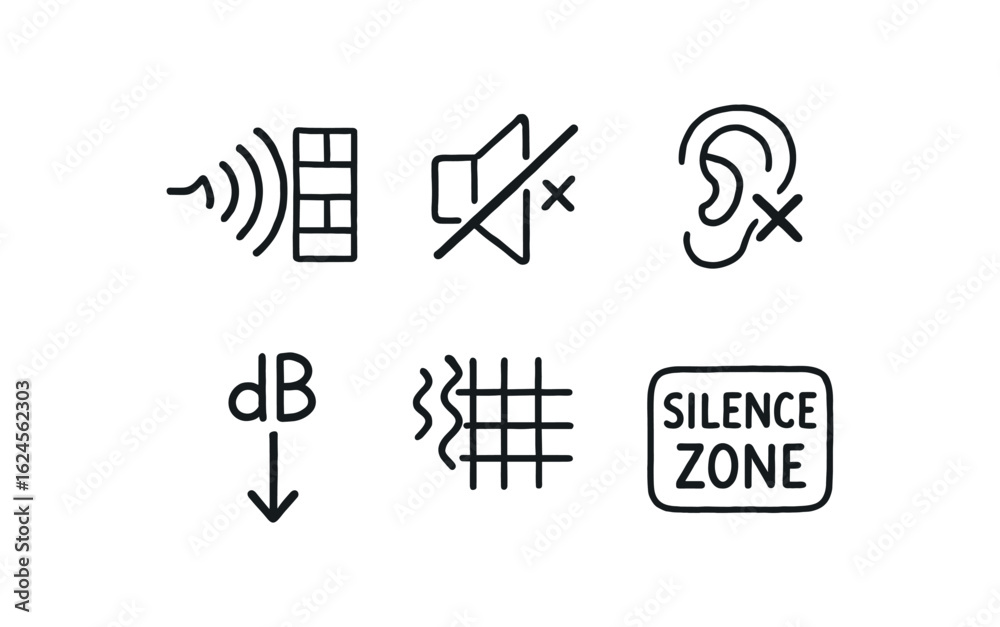 hand drawn cute doodle style line isolated on white background soundproofing (symbols): sound wave mute icon ear with cross decibel drop noise grid silence zone hand drawn cute doodle style line isolated on white background soundproofing (symbols): sound wave mute icon ear with cross decibel drop noise grid silence zone